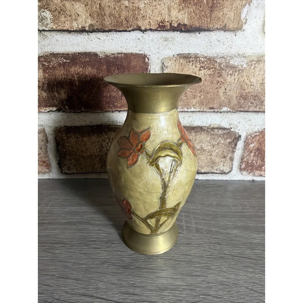 Vtg 60s Brass & Enamel Orange/Gold/Green Floral Vase Made in India